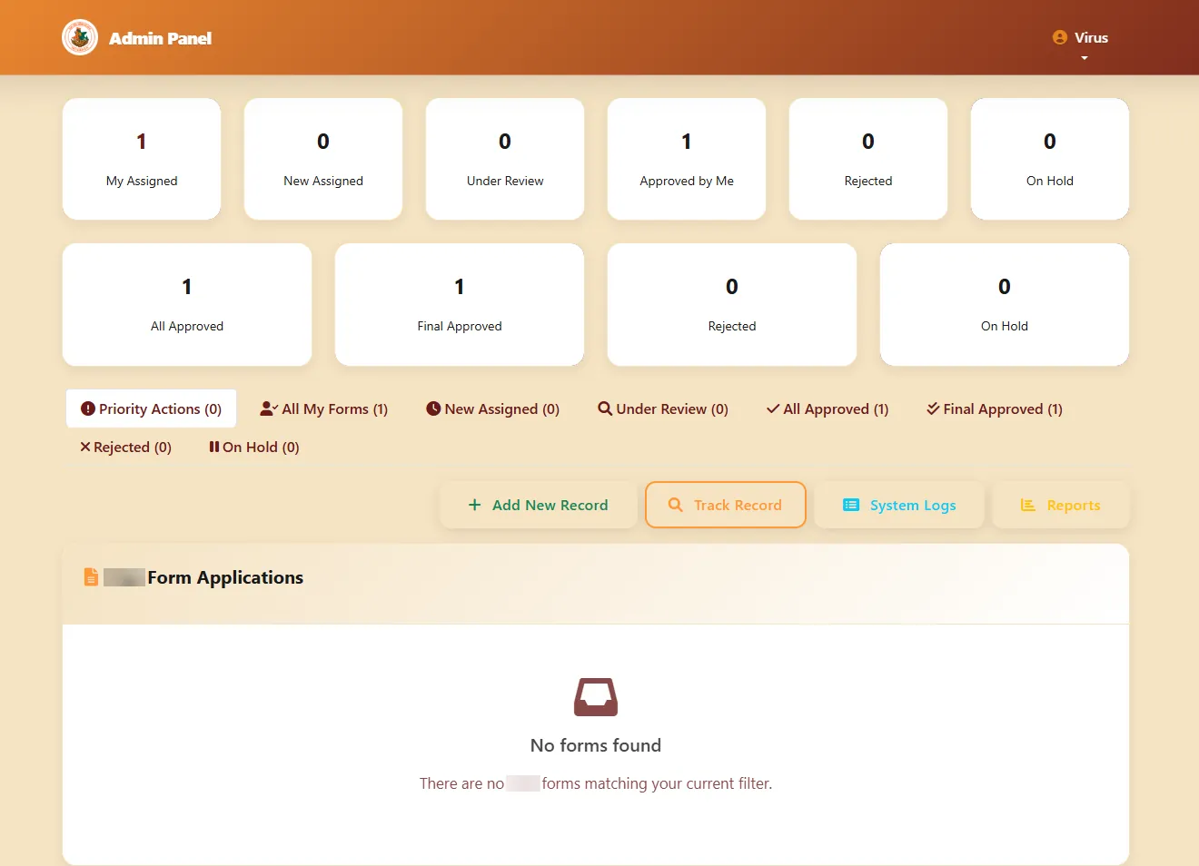 The admin panel: case counts by status, filter tabs and the list of form applications