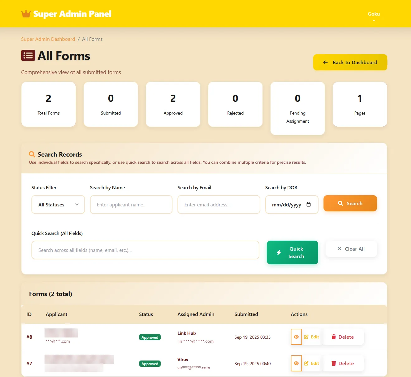 The all forms view: counters, search fields and a table of applications with their status and assigned administrator