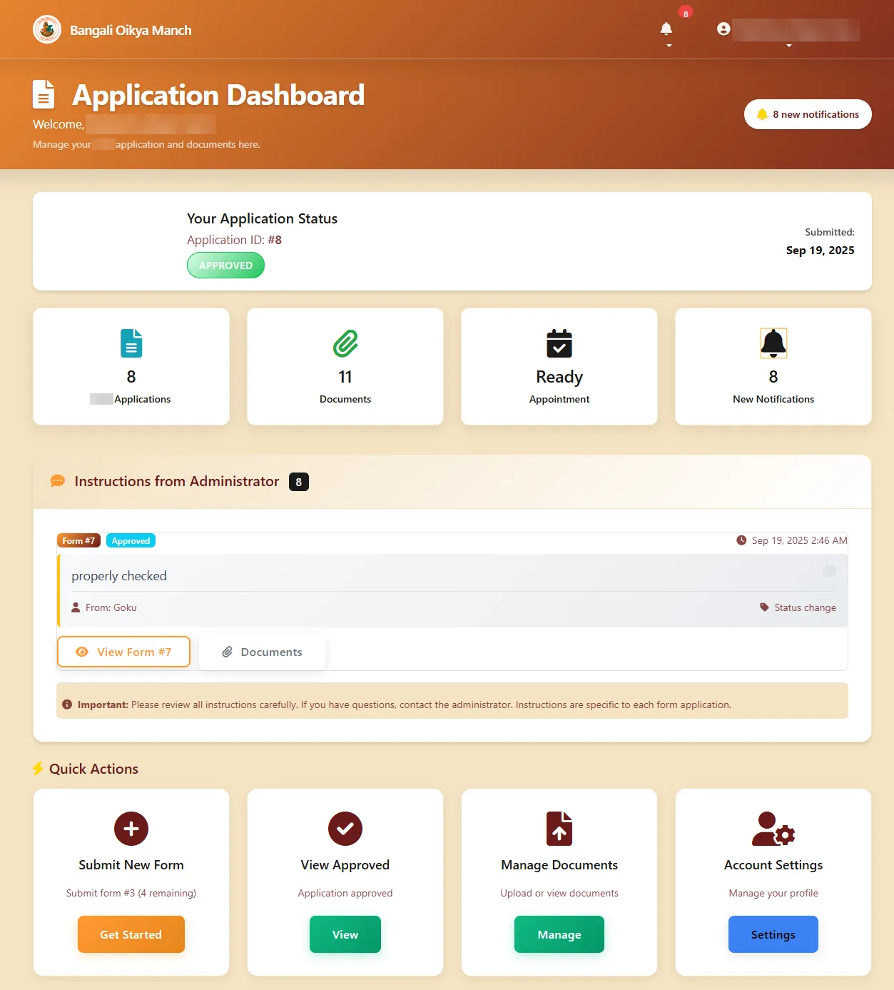The applicant dashboard: application status, summary tiles, an instruction from an administrator and quick actions