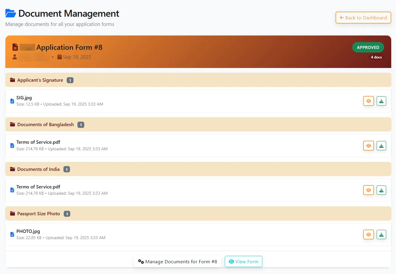 Document management for one approved form, with the uploads filed by category