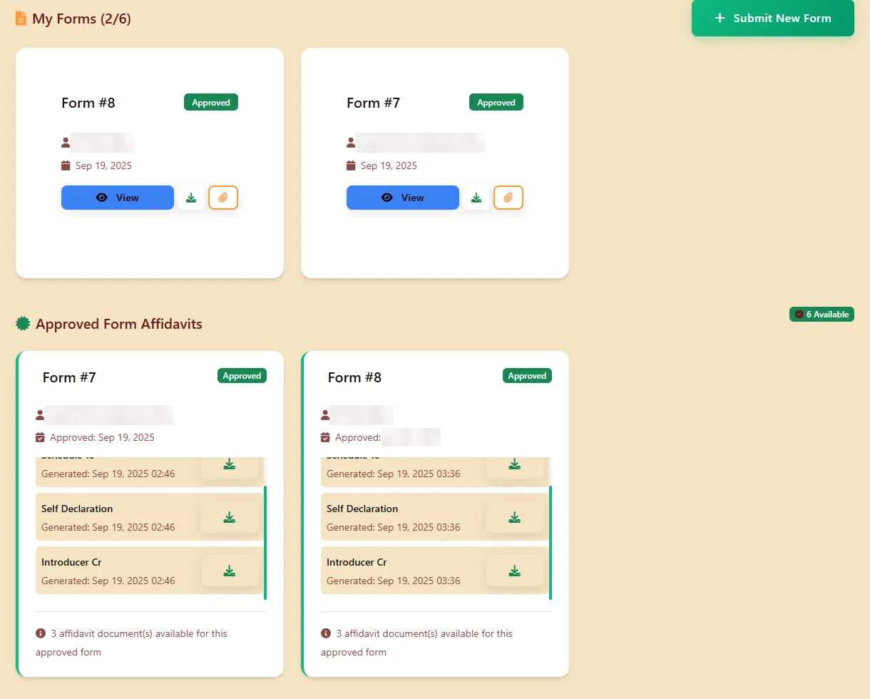My forms: two approved forms, each with its generated Schedule 1C, self declaration and introducer certificate