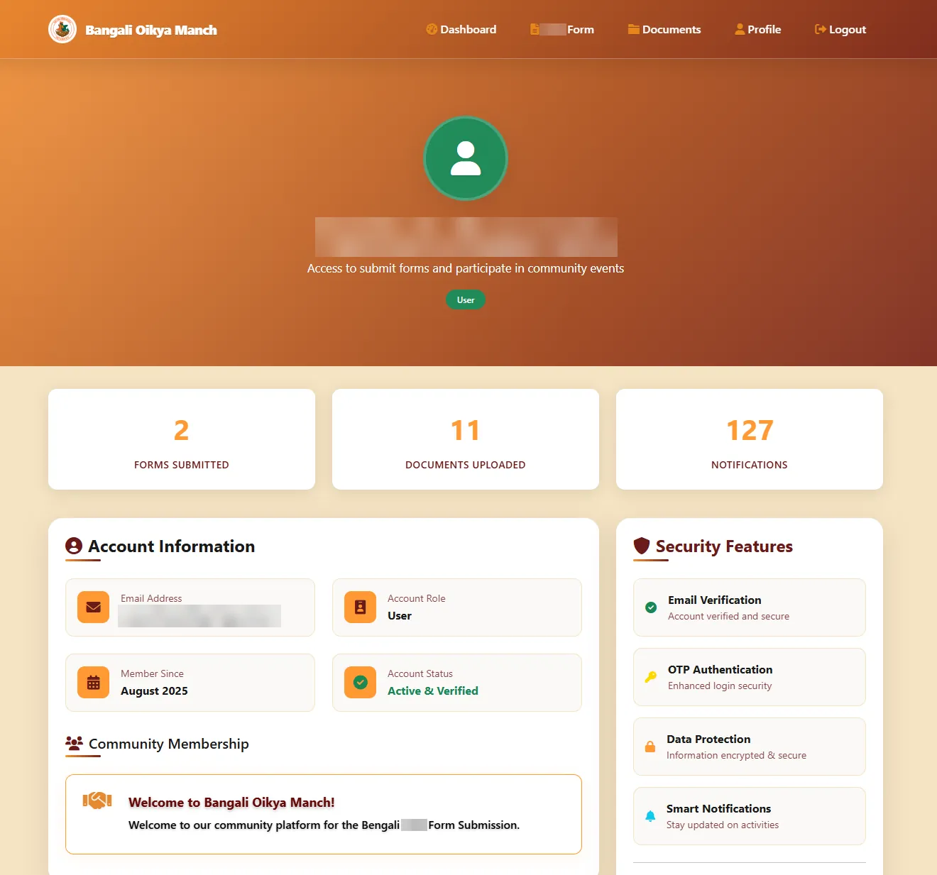 An applicant profile with the user badge, activity counts and account information