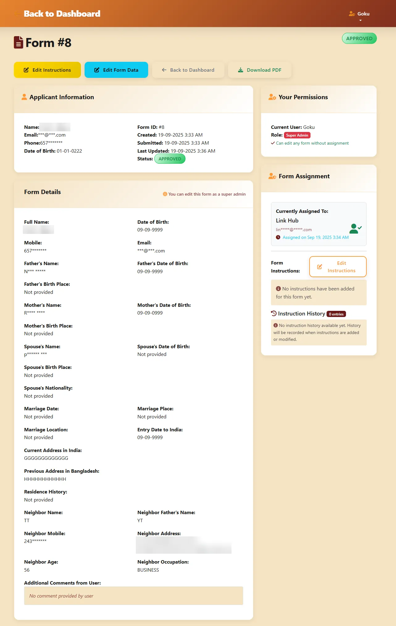 One application record: applicant details, the full form and panels for permissions, assignment and instruction history