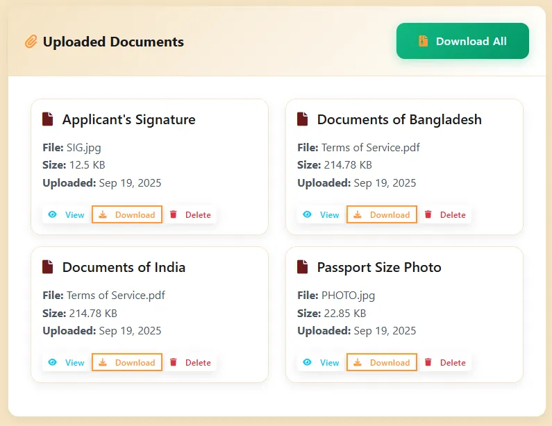 Uploaded documents on a case, each with view, download and delete buttons