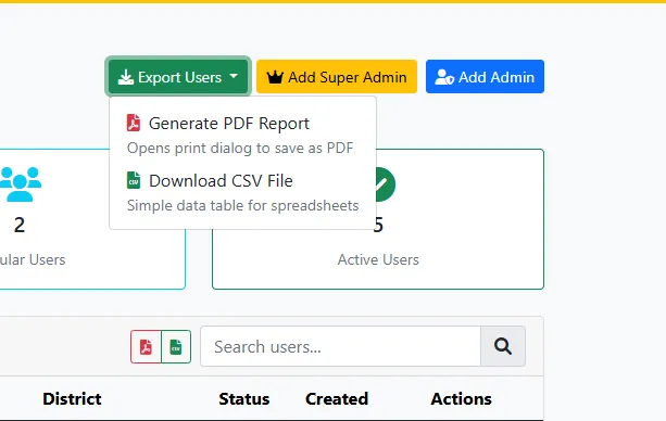 The export users menu, with a PDF report or a CSV file