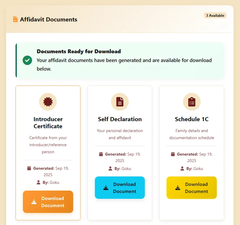 Three generated supporting documents ready to download: an introducer certificate, a self declaration and a Schedule 1C