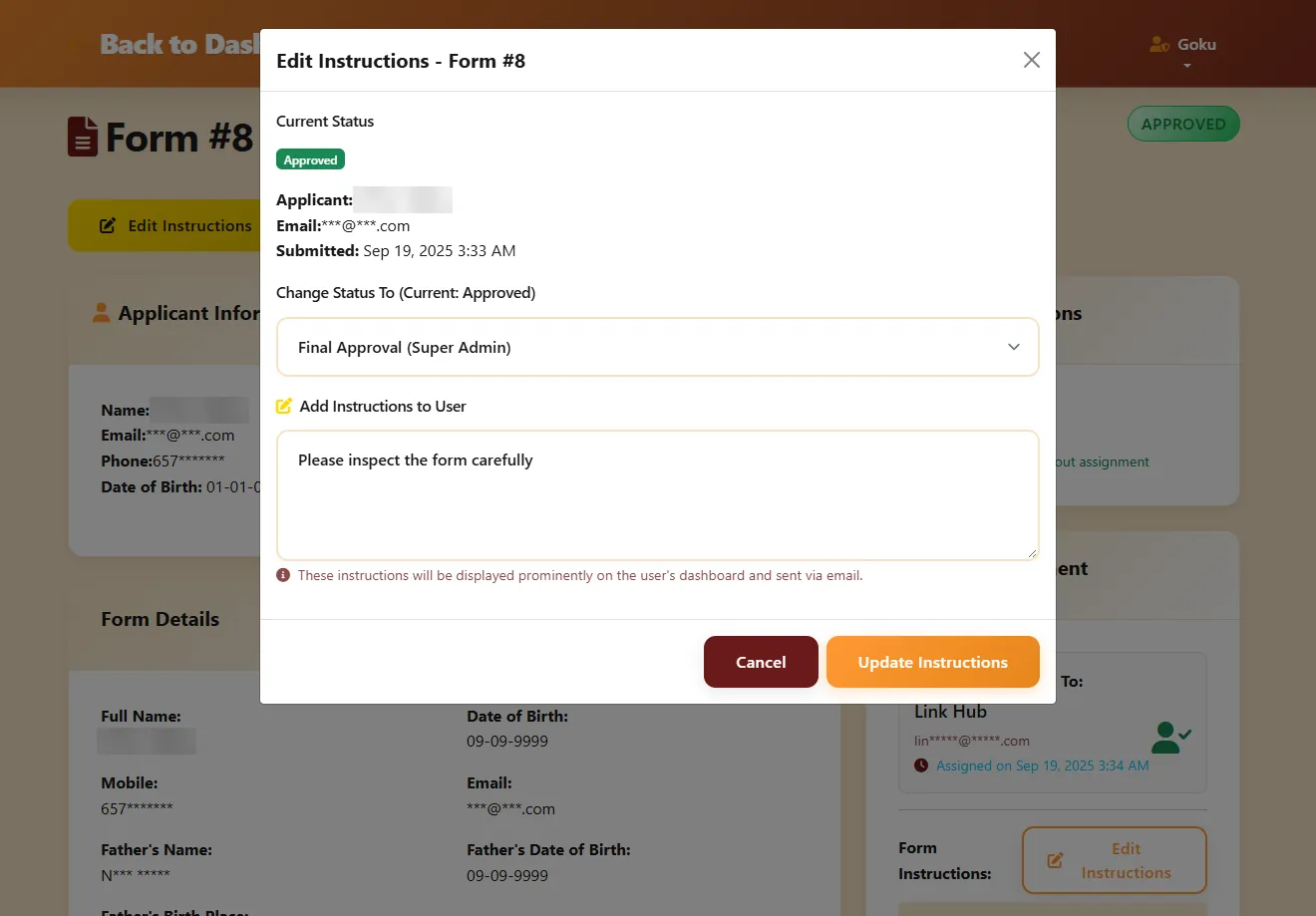 The edit instructions dialog, with a status menu and a box for instructions to the applicant