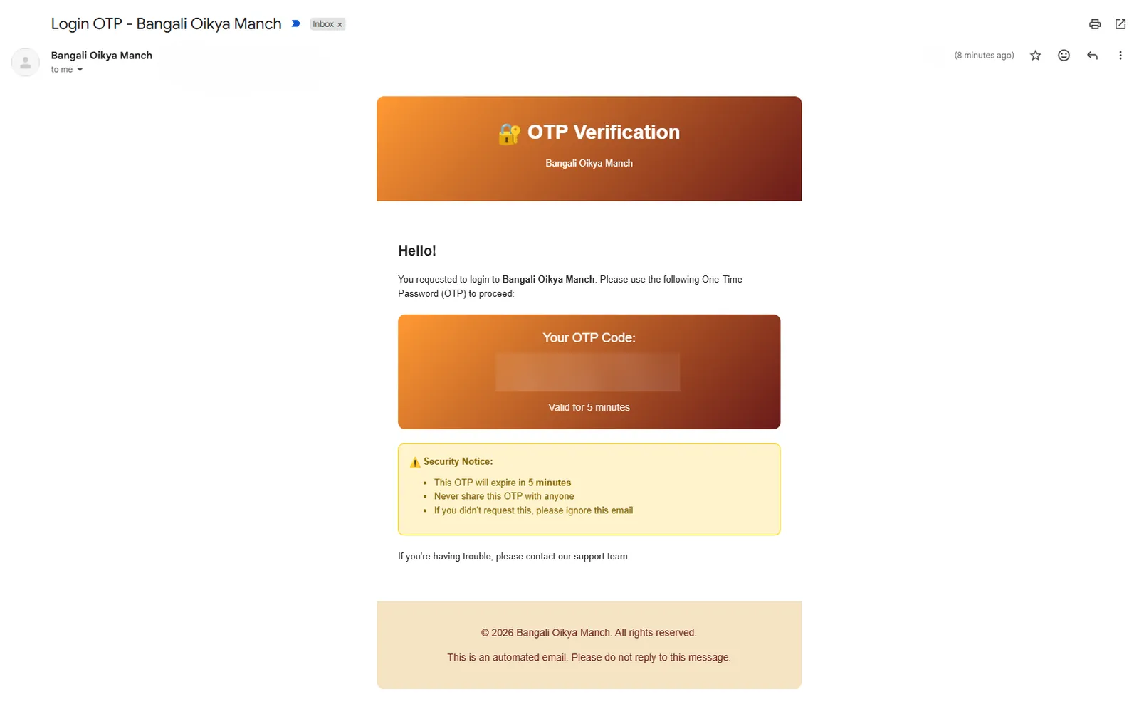 The login email, with the one-time code blurred and a note that it is valid for 5 minutes
