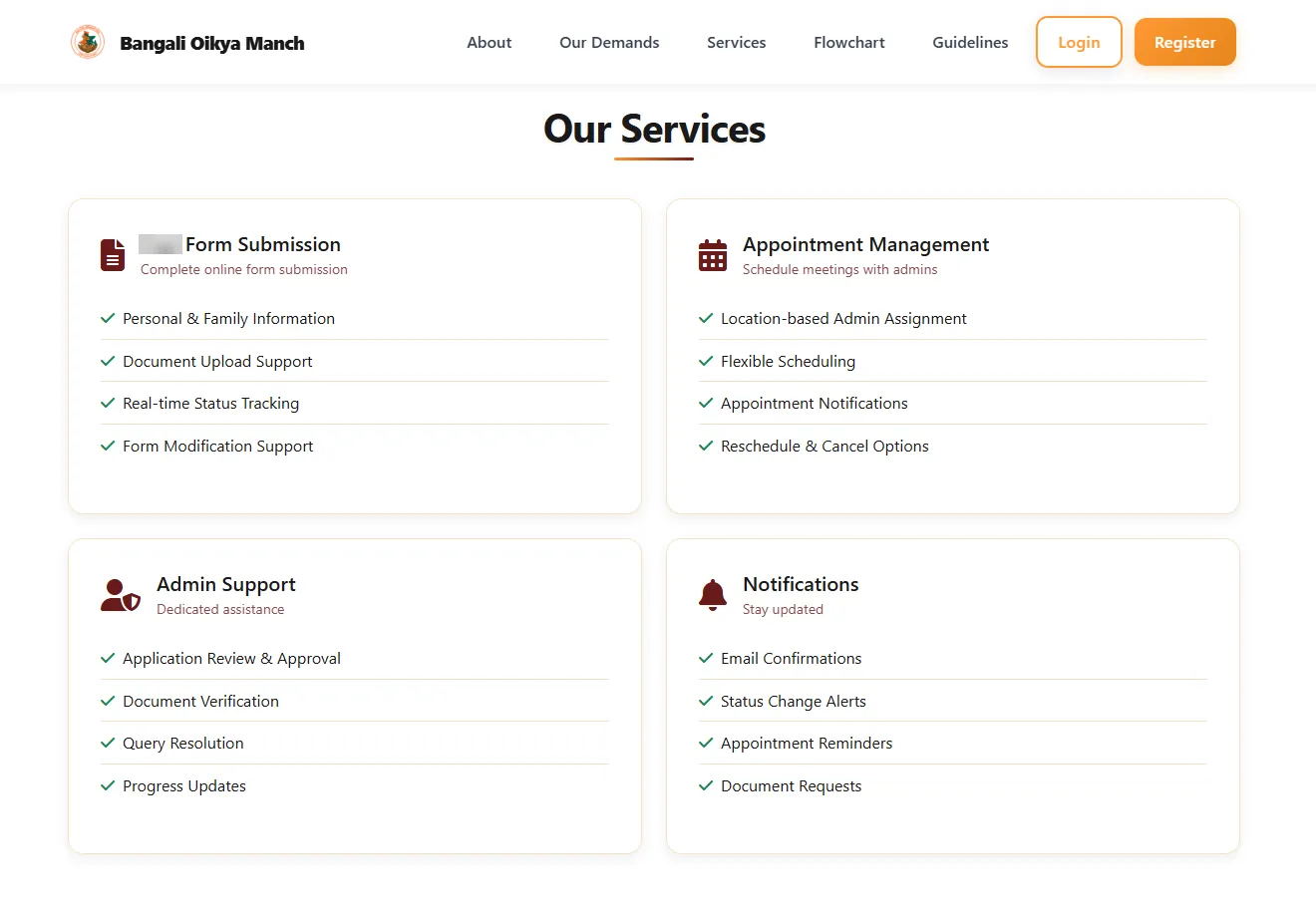 The services page, with cards for form submission, appointment management, admin support and notifications