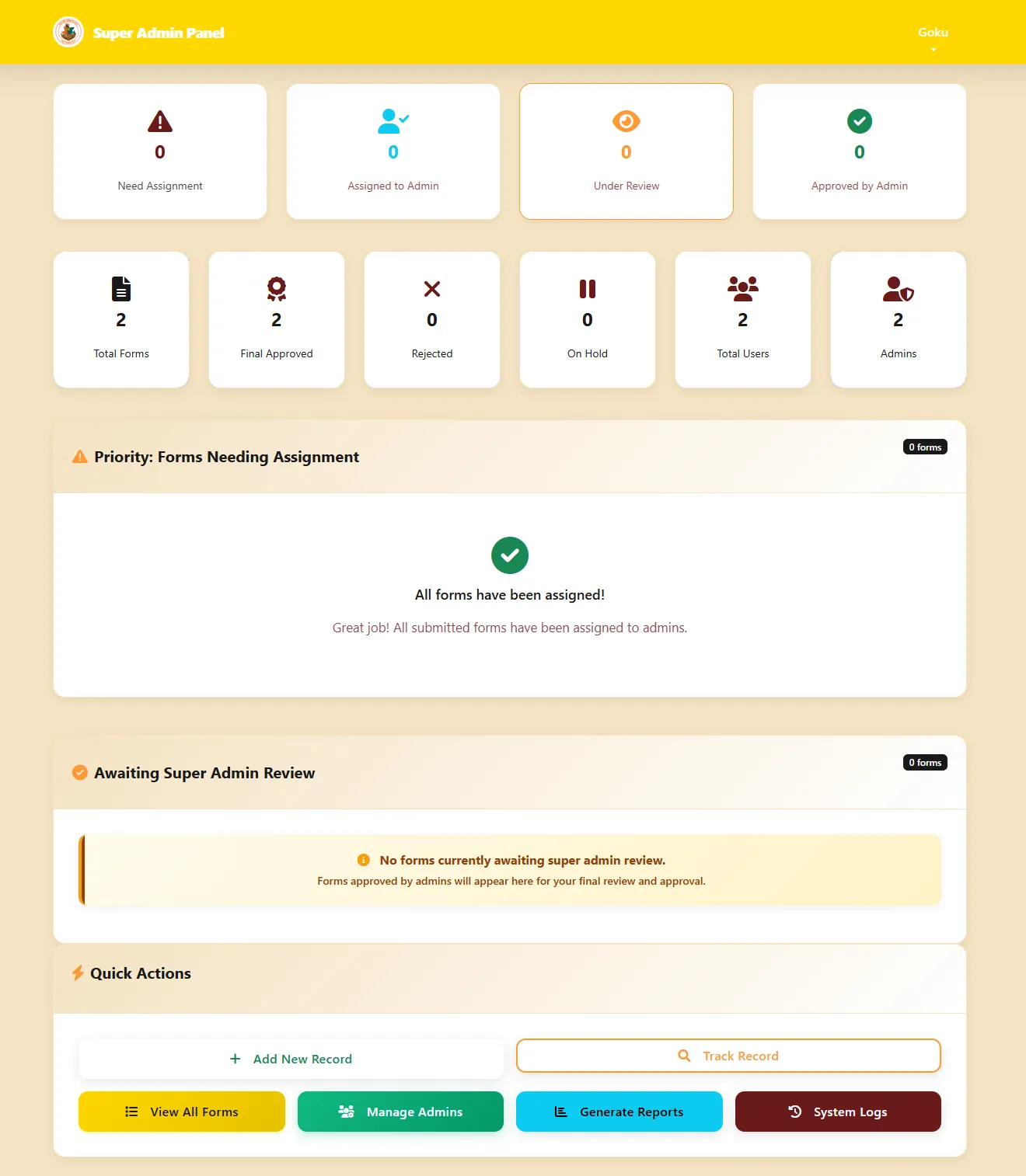 The super admin panel: counts across the organisation, forms needing assignment, forms awaiting final review and quick actions