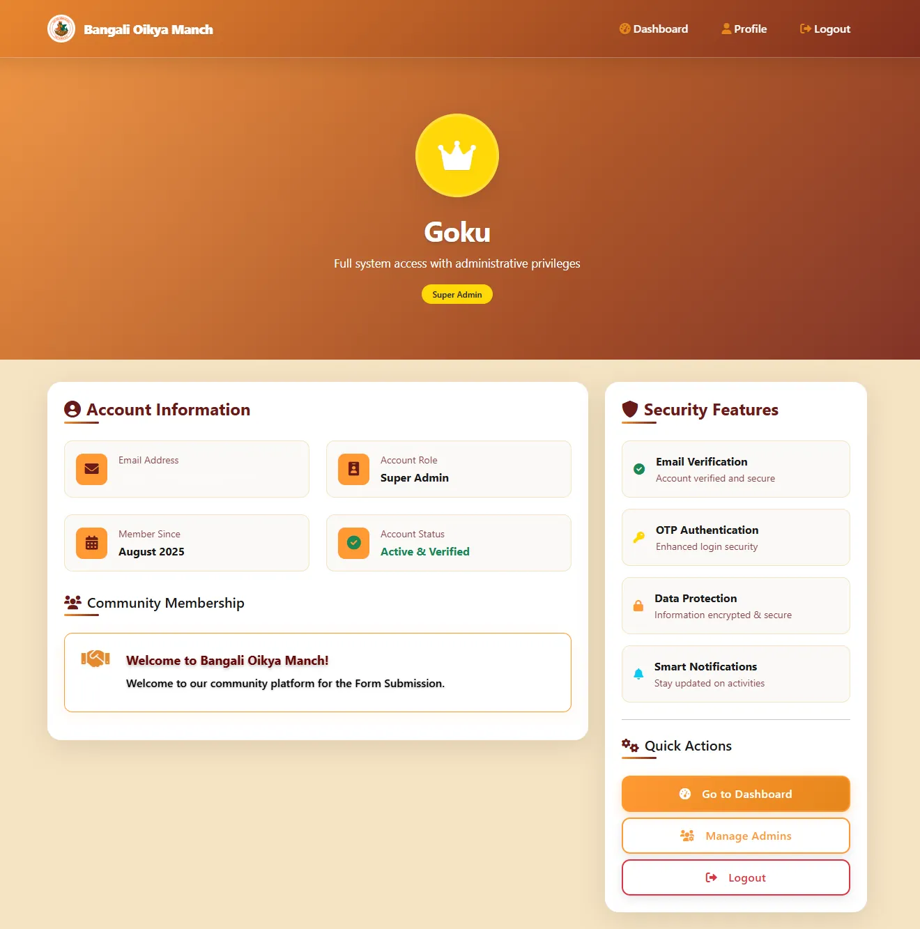 The super administrator profile with the super admin badge and quick actions