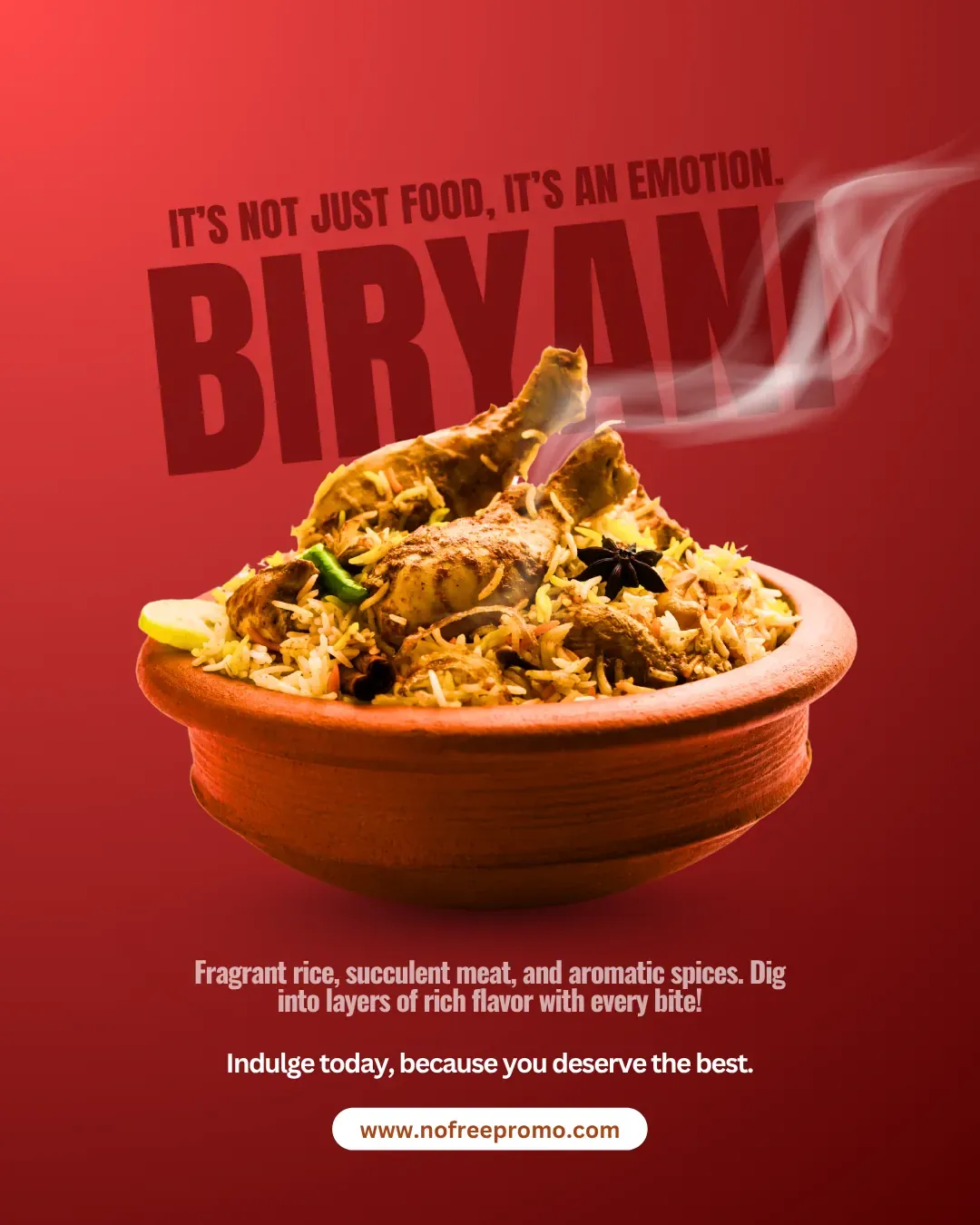 Biryani post: a clay bowl of chicken biryani in front of the word Biryani in large dark red letters on red, with steam drifting across the last letters