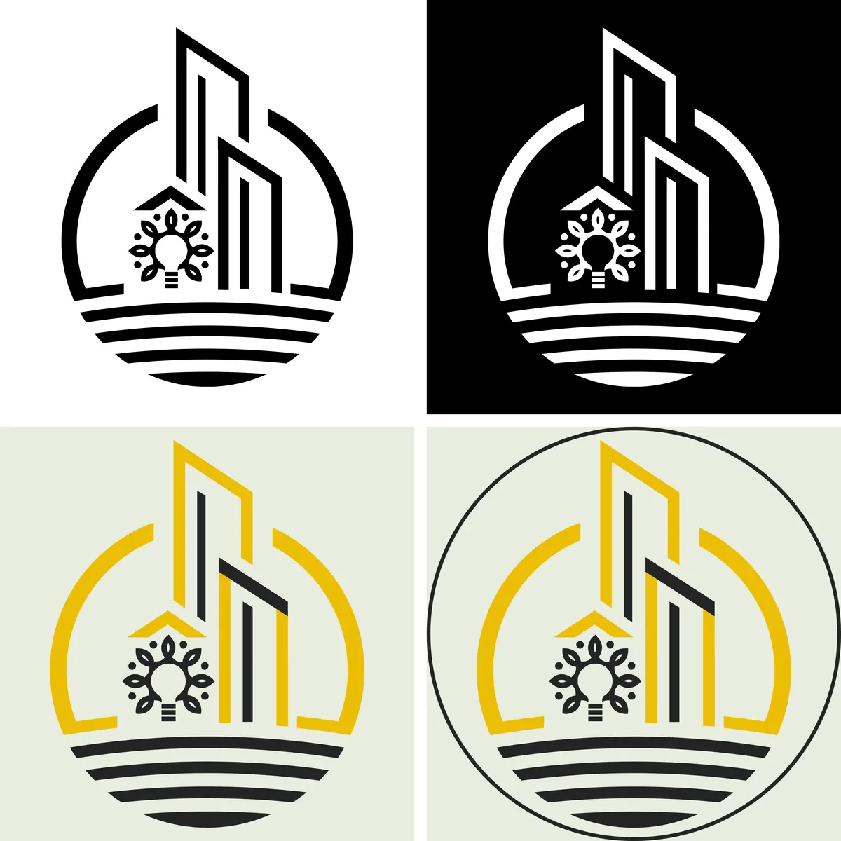 The four Innovation Texture logo files in a grid: black on white, white on black, yellow and charcoal on pale sage, and the same inside a thin circle