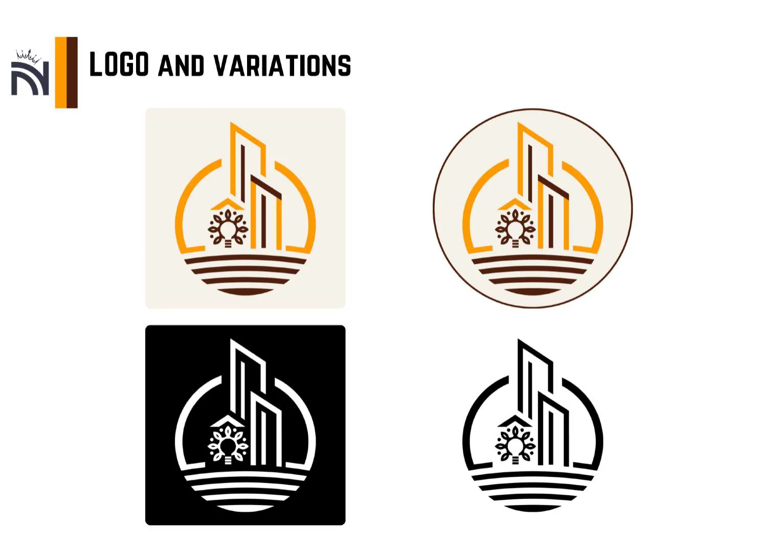 A page titled Logo and variations: the Innovation Texture logo in amber and brown on an ivory square and in a round frame, and in white on black and black on white