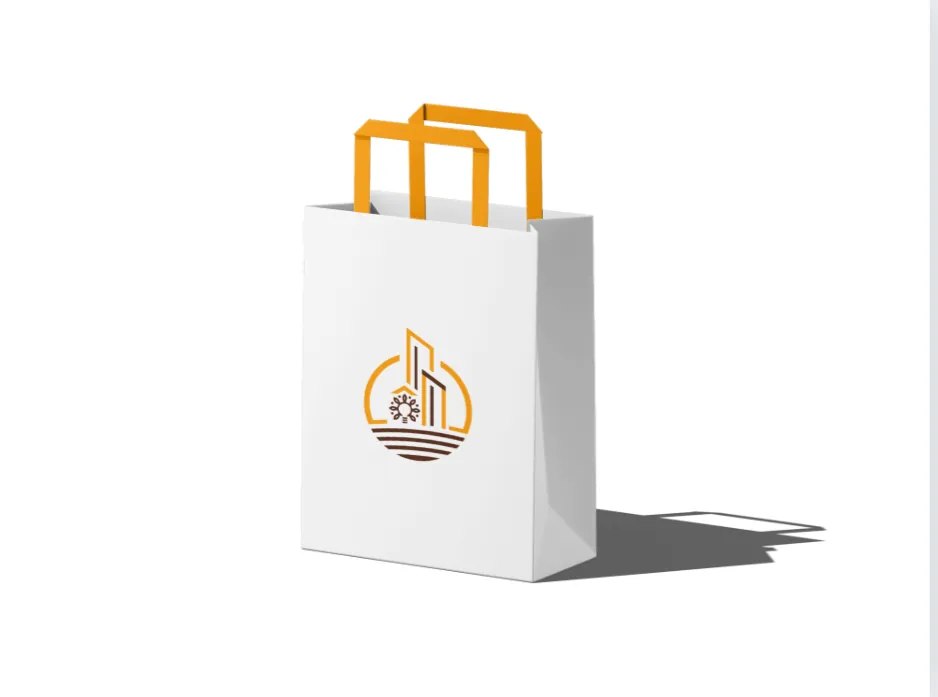Mockup: a white paper bag with amber handles and the Innovation Texture logo