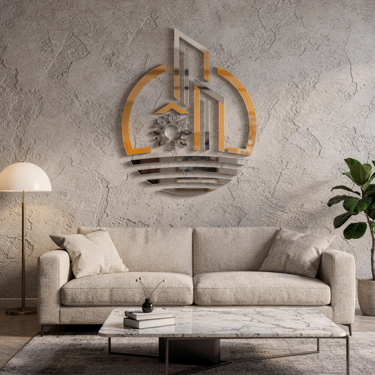 Mockup: a raised Innovation Texture logo on a textured plaster wall above a cream sofa in a living room