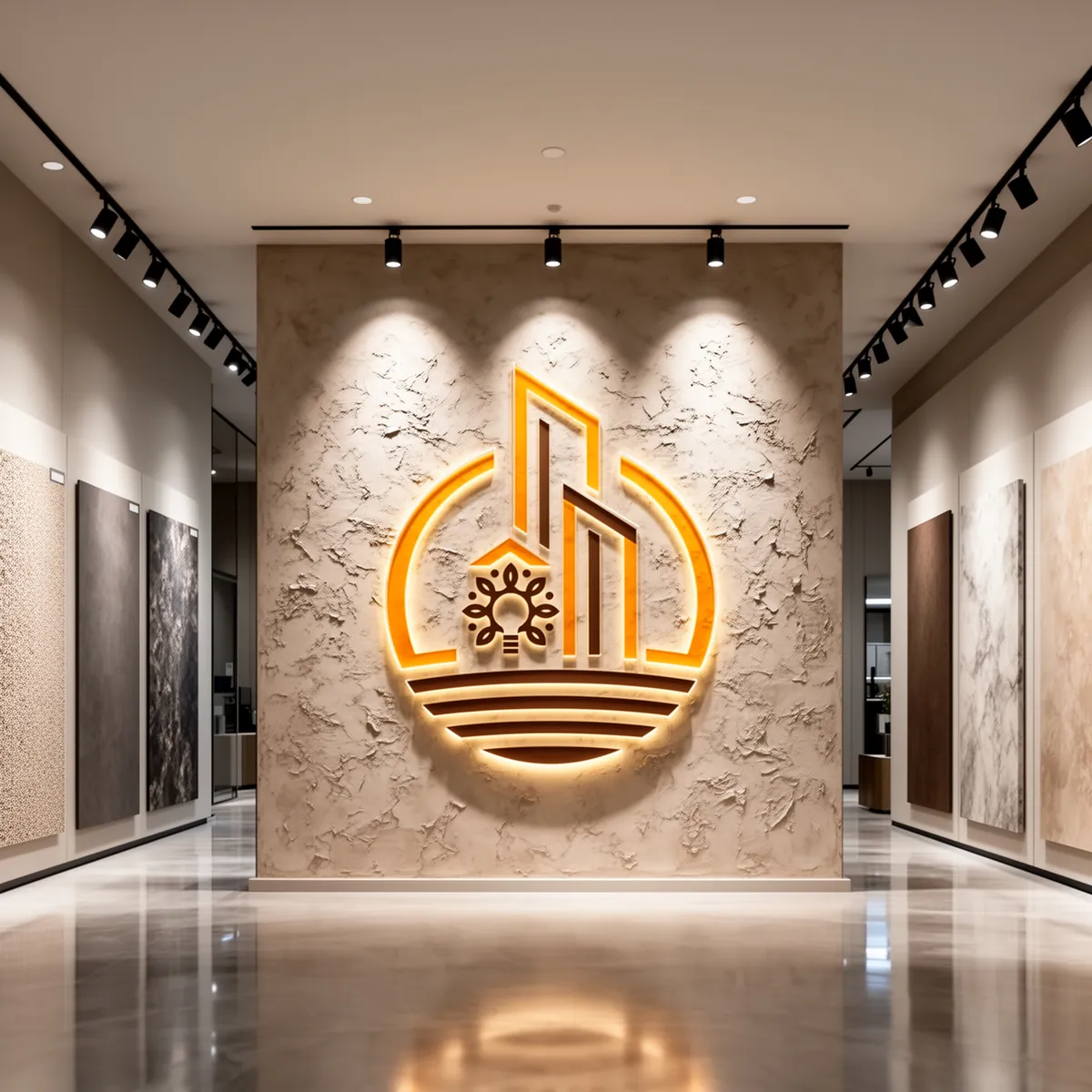 Mockup: the Innovation Texture logo lit in amber and brown on a textured plaster feature wall in a showroom lined with texture sample panels