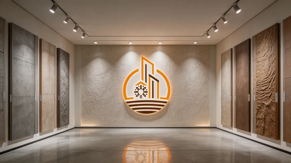 Mockup: a long showroom with textured wall panels on both sides and the lit Innovation Texture logo on the far wall