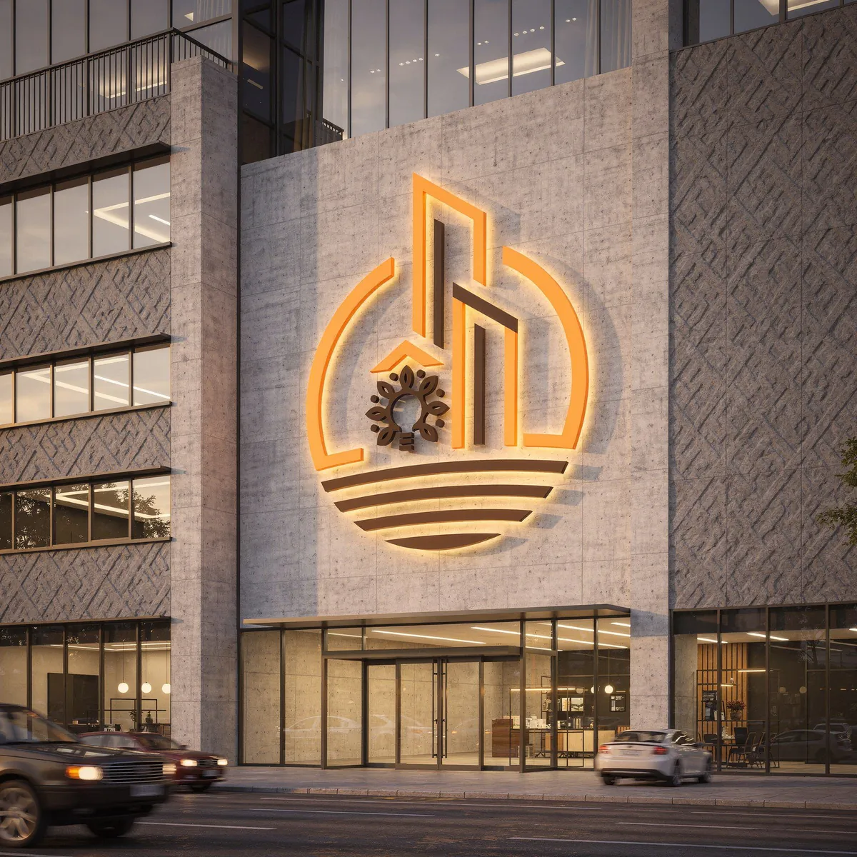 Mockup: a large lit Innovation Texture logo on the textured facade of a multi-storey building above a glass entrance