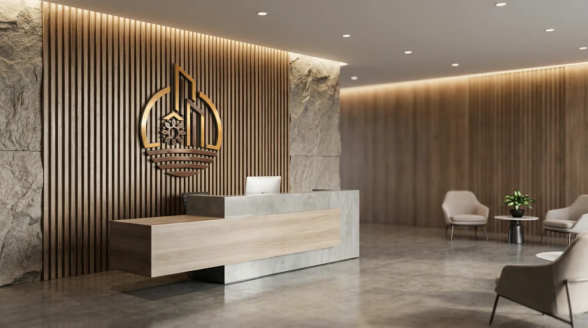 Mockup: a reception with a wooden slatted wall carrying the Innovation Texture logo, behind a stone counter
