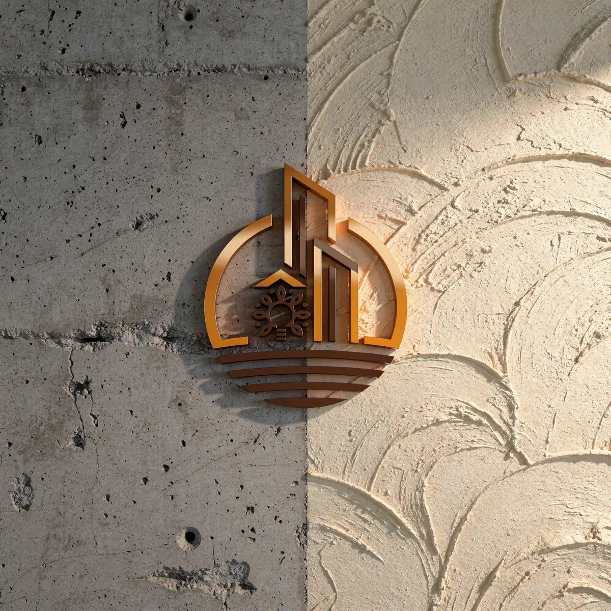 Mockup: the Innovation Texture logo in relief across a wall where bare concrete meets swirled textured plaster