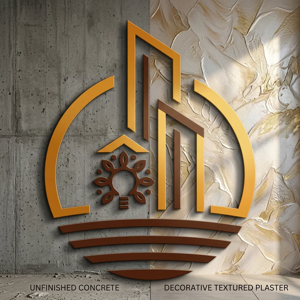 Mockup: a large raised Innovation Texture logo on a wall that is half unfinished concrete and half decorative textured plaster, each side labelled