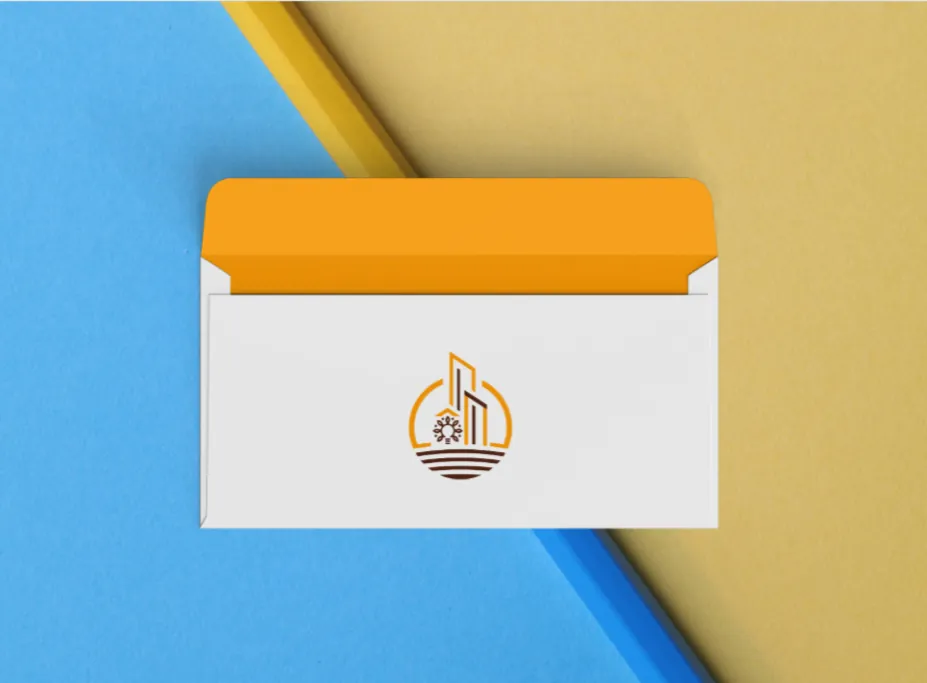 Mockup: a white envelope with an amber flap and the Innovation Texture logo, on blue and yellow paper