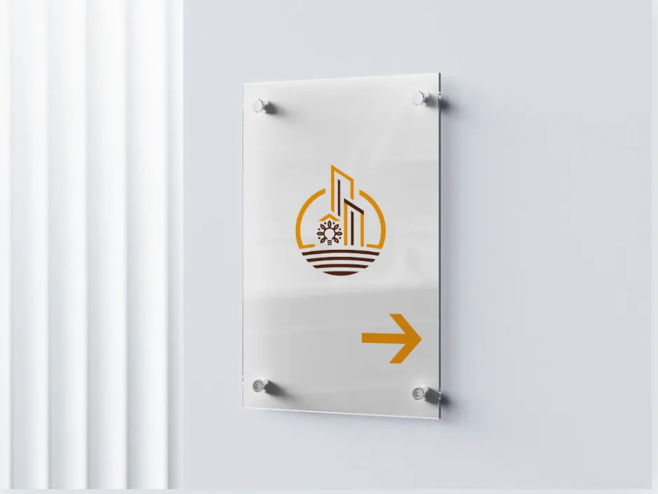 Mockup: a frosted acrylic wall sign with the Innovation Texture logo and an amber arrow