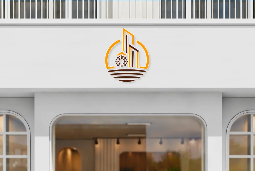 Mockup: the Innovation Texture logo above the entrance of a white shopfront with arched windows
