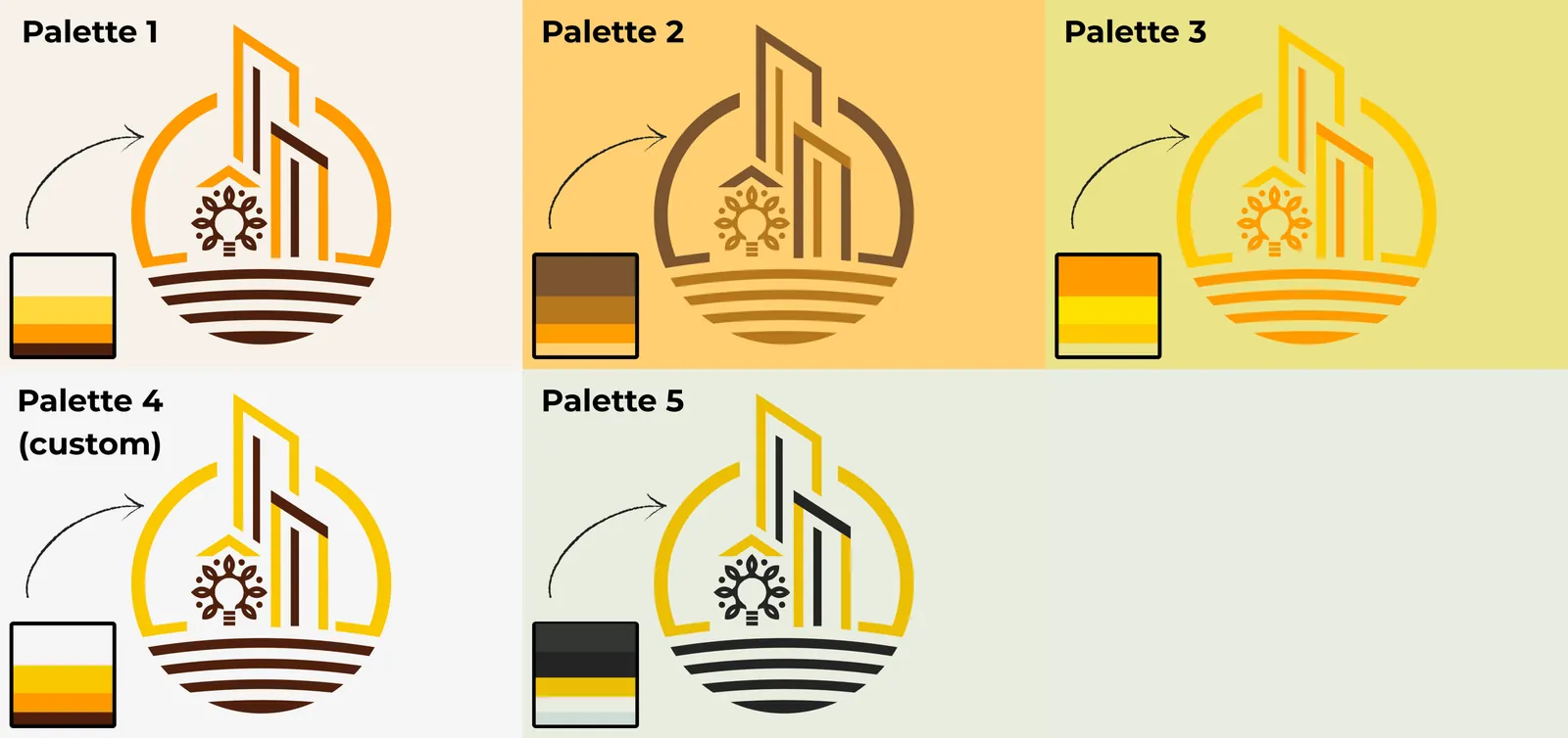 The Innovation Texture logo shown five times, each in a different palette with its swatch: amber and brown on ivory, browns on light orange, yellows on pale olive, yellow and brown on light grey, and yellow and charcoal on pale sage
