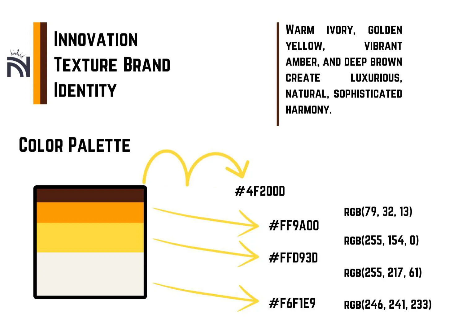 A page of the brand identity document: the colour palette with swatches of deep brown, amber, golden yellow and ivory, their HEX and RGB codes, and a note on the warm, natural feel of the colours