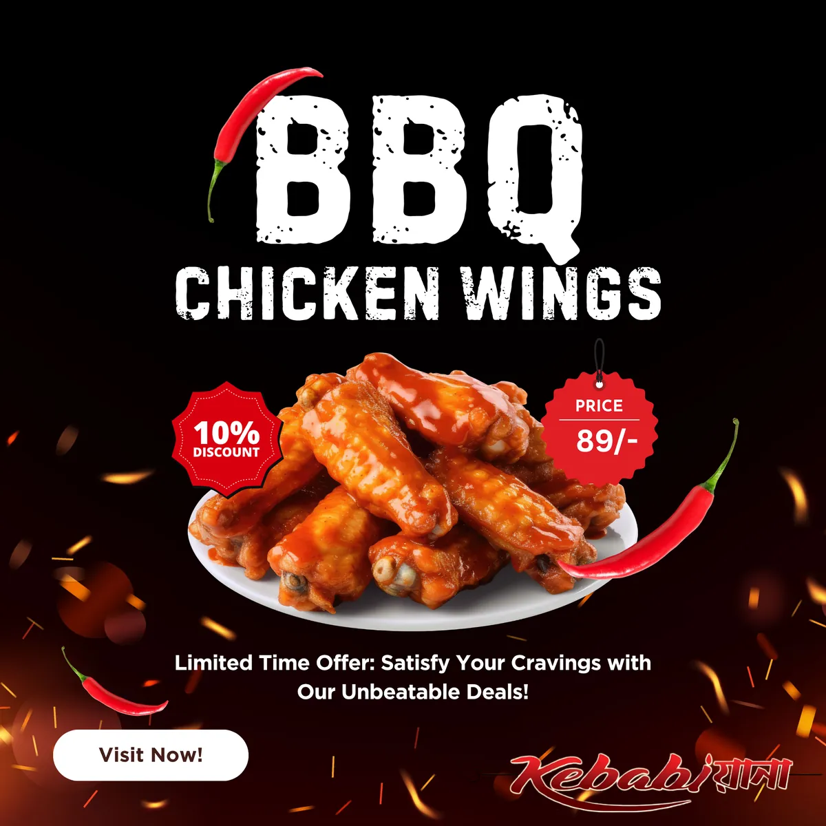 BBQ chicken wings offer creative for Kebabiyana: a plate of glazed wings on a black background with a 10% discount badge and a price tag reading 89