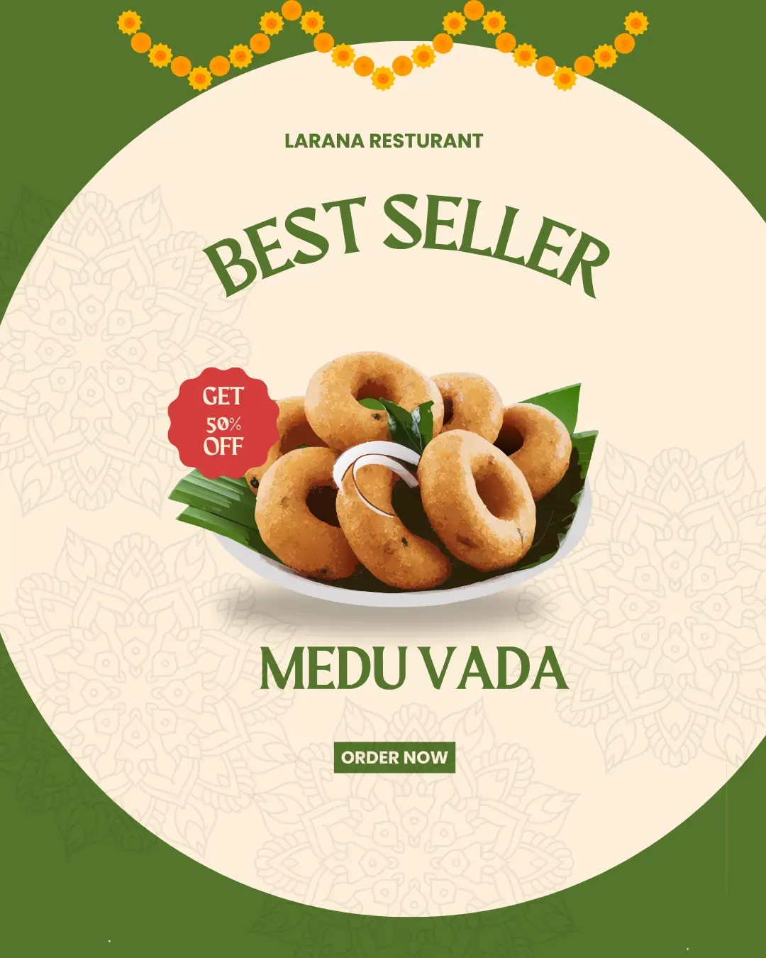 Medu vada offer post: a plate of medu vada on banana leaves, a red Get 50% off badge, Best Seller and Medu Vada in green and an Order now button