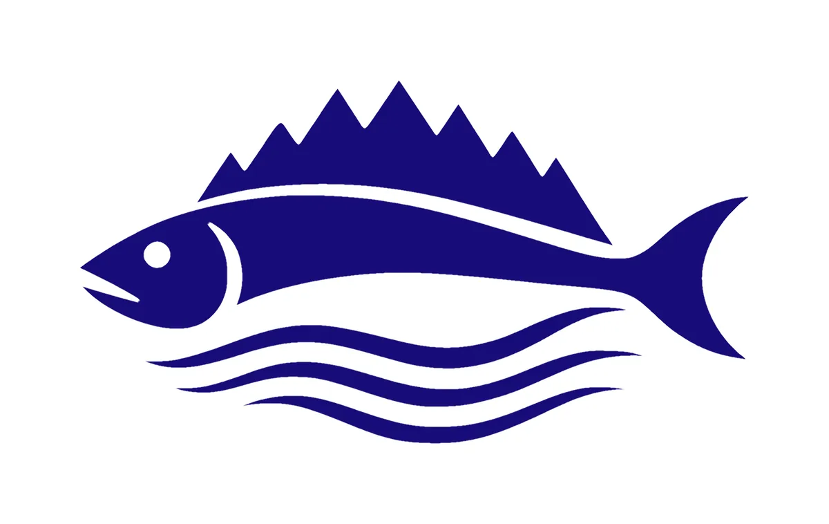 The Sea Seven Fish brand icon: a navy fish with a dorsal fin of mountain peaks, swimming over three wave lines