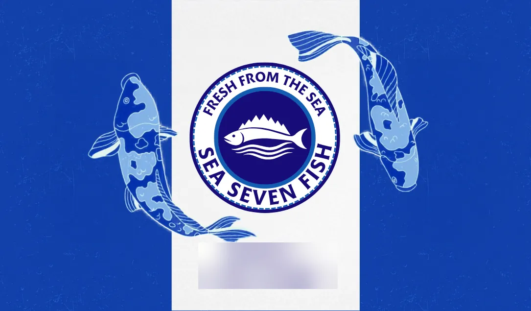 Back of the first Sea Seven Fish business card: the primary emblem on a white band between two blue panels, with two blue koi