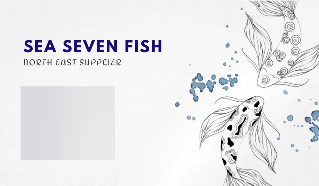 Front of the first Sea Seven Fish business card: the name in navy capitals, North East supplier beneath it, and line drawings of two koi with blue ink spots; the contact details are blurred