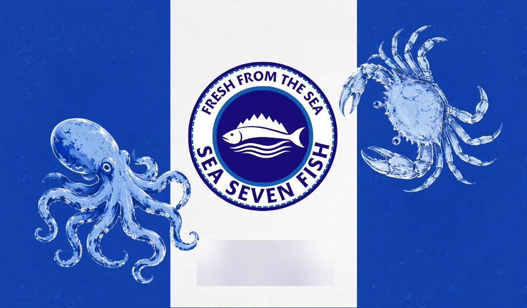Back of the second Sea Seven Fish business card: the primary emblem on a white band between blue panels, with a blue octopus and a blue crab