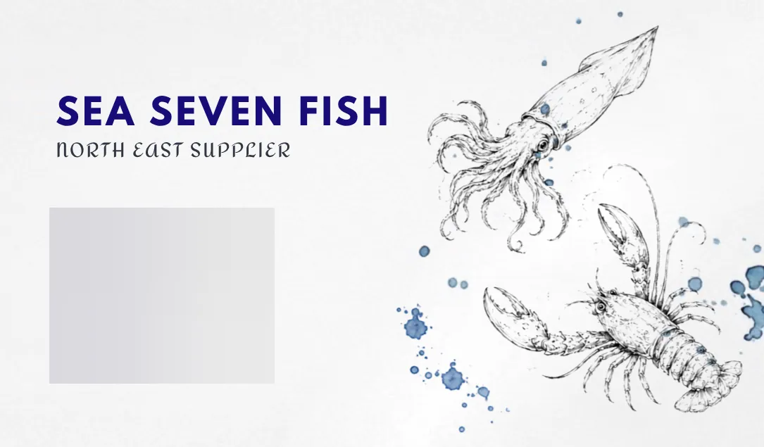 Front of the second Sea Seven Fish business card: the name in navy capitals and North East supplier beside line drawings of a squid and a lobster; the contact details are blurred