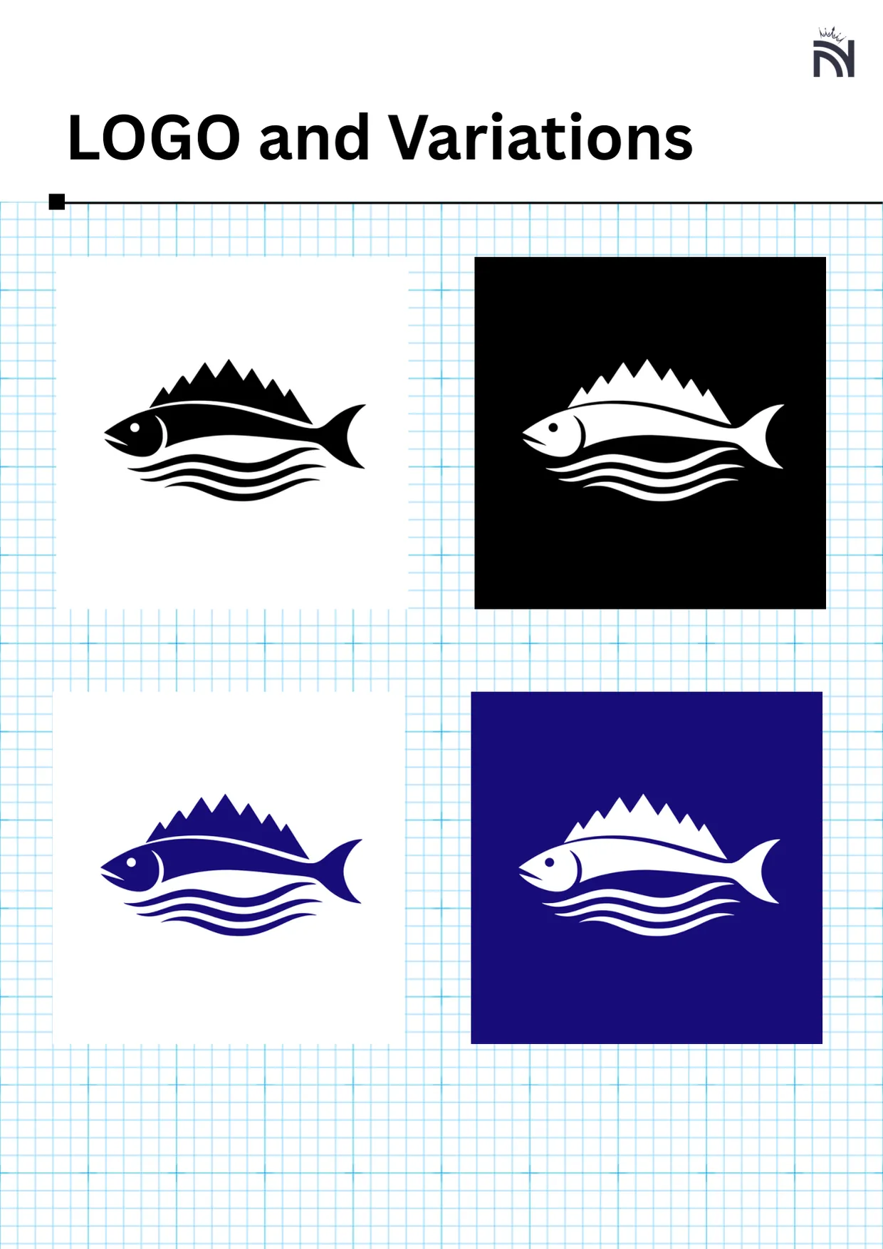 A page of the Sea Seven Fish brand identity document titled Logo and variations: the fish icon in black on white, white on black, navy on white and white on navy