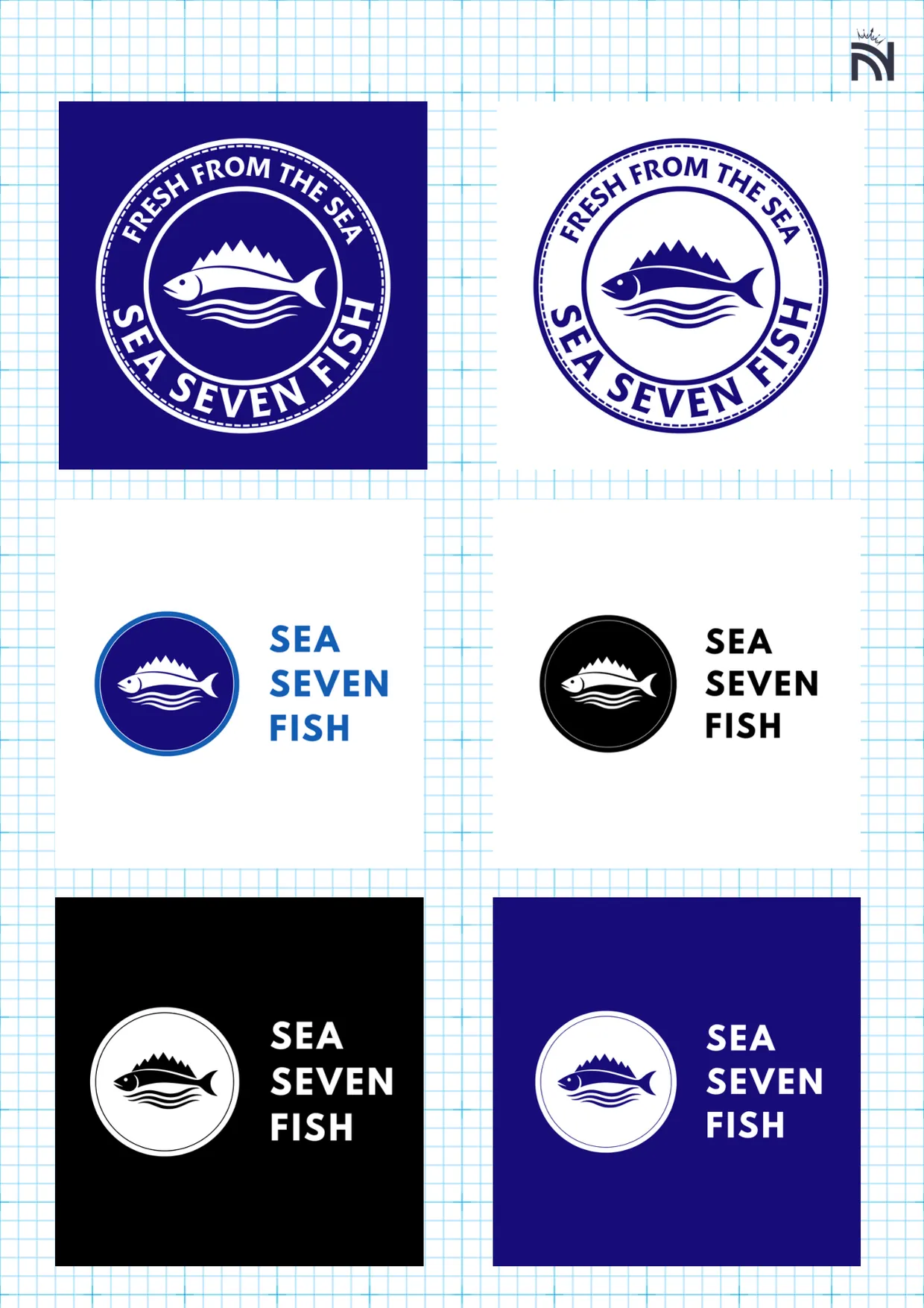 A page of the Sea Seven Fish brand identity document on a light grid: the round emblem in white on navy and navy on white, and the secondary logo on white, on black and on navy