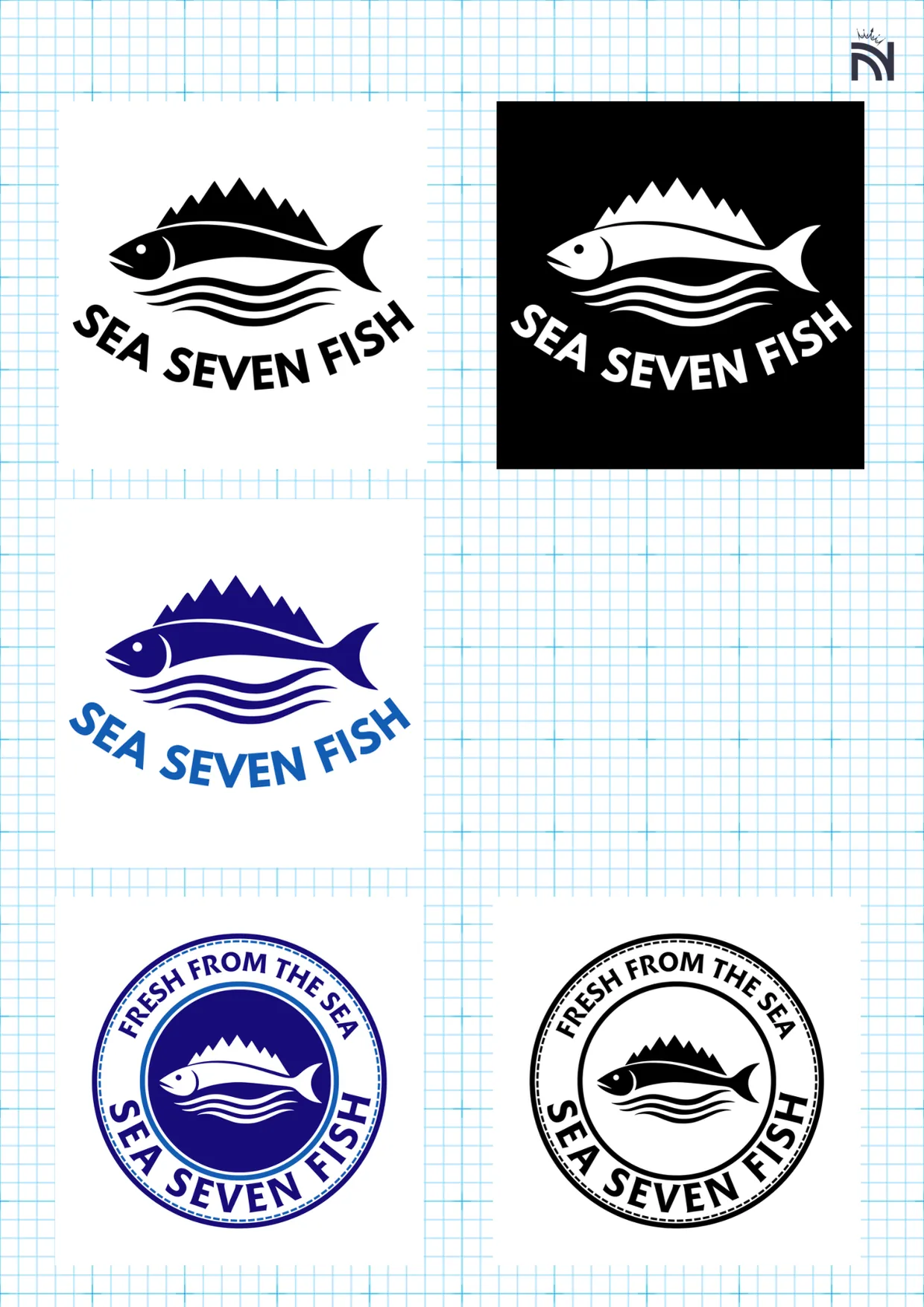 A page of the Sea Seven Fish brand identity document on a light grid: the curved logo in black on white, white on black and blue on white, and the round emblem in navy and in black