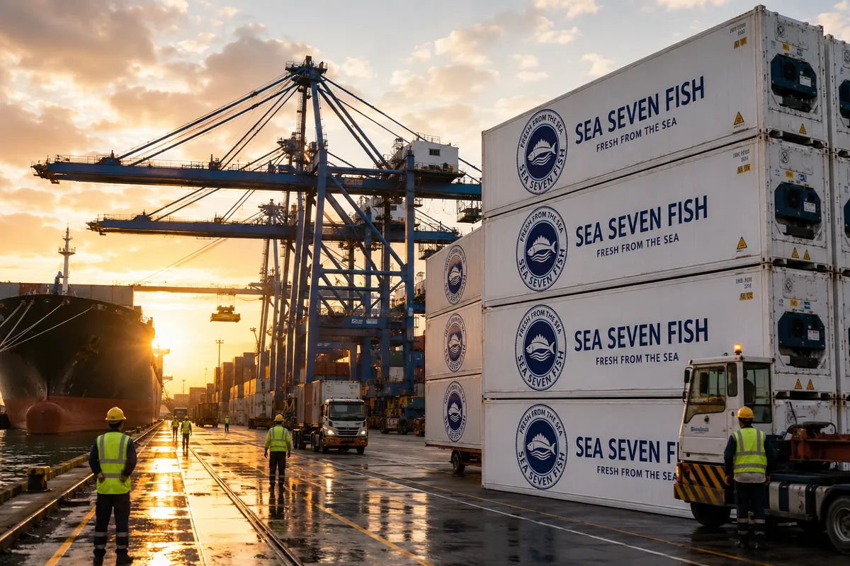 Mockup: refrigerated shipping containers stacked at a port at sunset, each branded with the Sea Seven Fish emblem and name, with cranes and workers in high-visibility vests