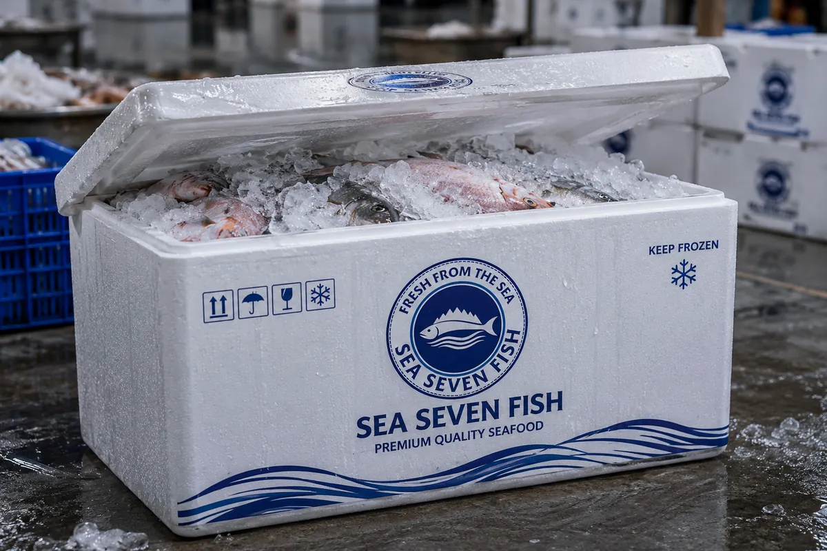 Mockup: a white insulated box of fish on ice, printed with the Sea Seven Fish emblem, the name, wave lines and a Keep frozen mark