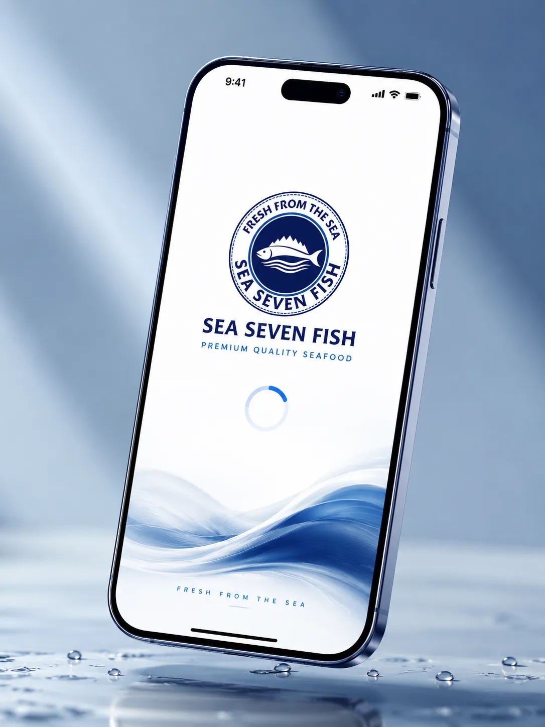 Mockup: a phone showing a white splash screen with the Sea Seven Fish emblem, the name and blue waves