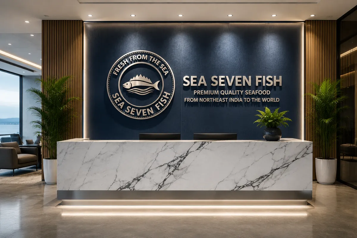 Mockup: a reception desk with a marble counter in front of a navy wall carrying the Sea Seven Fish emblem and name