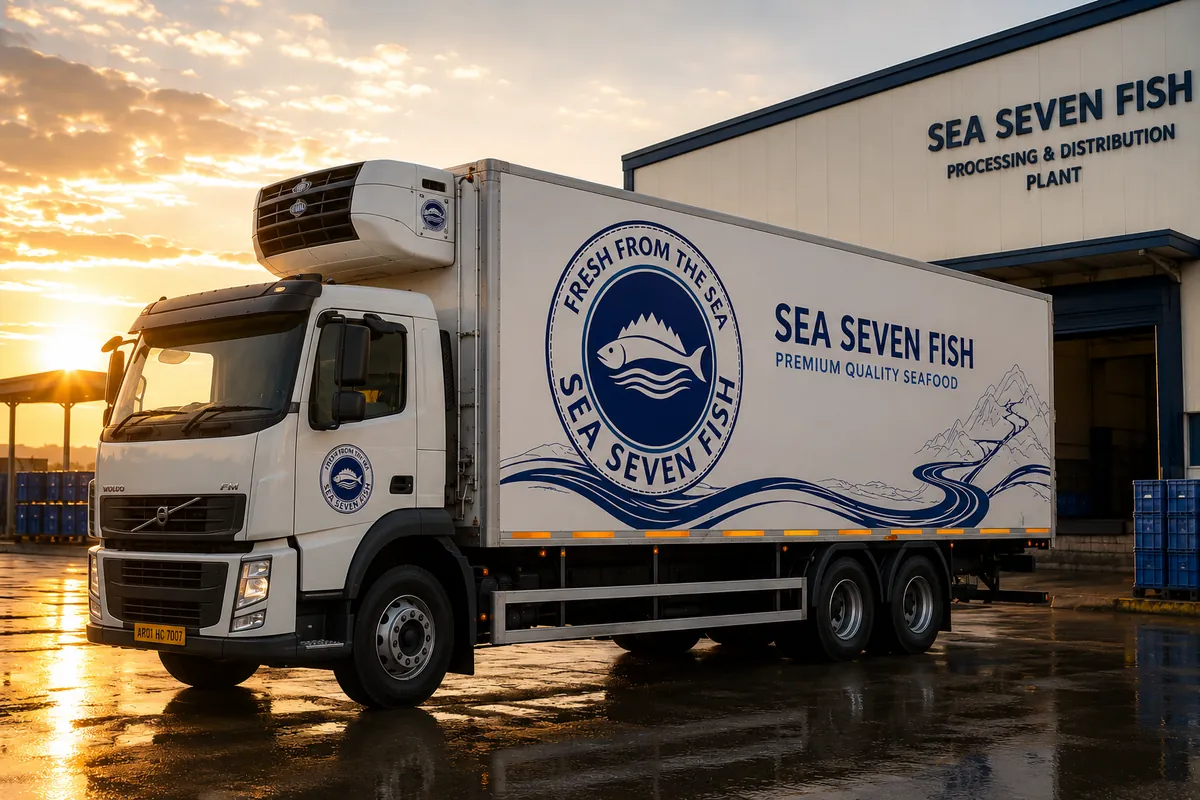 Mockup: a refrigerated truck in Sea Seven Fish livery with the emblem and blue waves, parked by a building signed Sea Seven Fish processing and distribution plant
