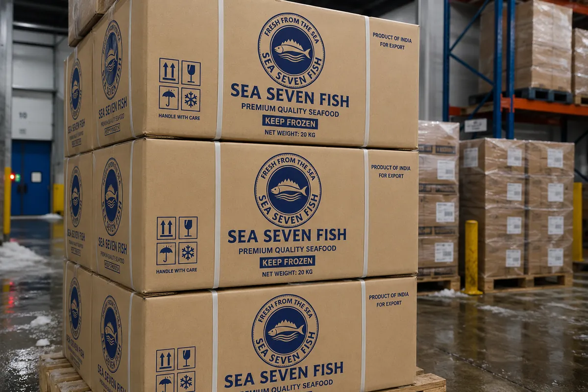 Mockup: stacked cardboard cartons in a warehouse, each printed with the Sea Seven Fish emblem, the name and handling symbols