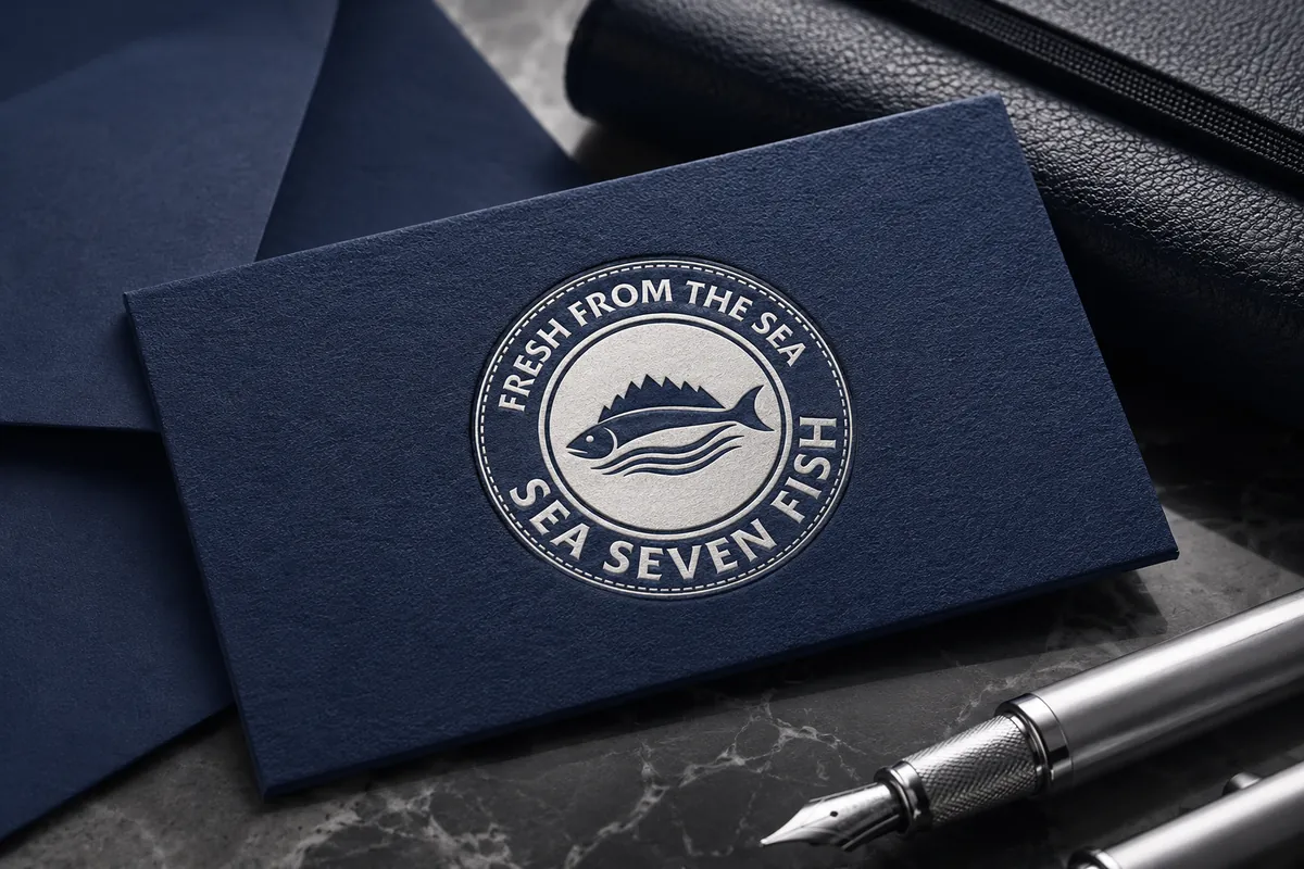 Mockup: a navy business card with the Sea Seven Fish emblem in silver, on a dark desk beside a fountain pen