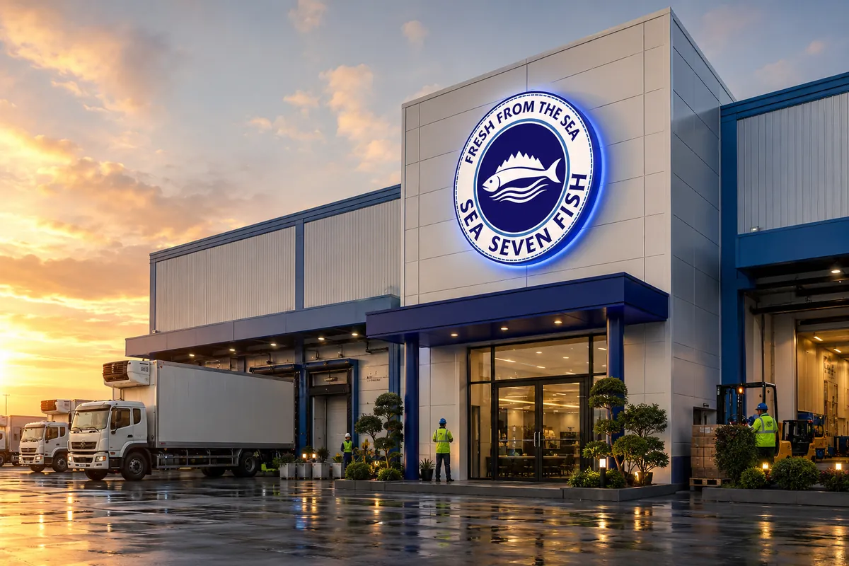 Mockup: a warehouse building at sunset with a large illuminated Sea Seven Fish emblem above the entrance and trucks at the loading bays