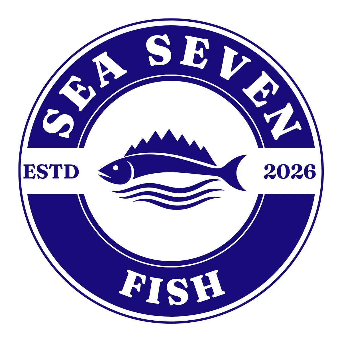 The Sea Seven Fish brand seal: a navy ring reading Sea Seven across the top and Fish along the bottom, with ESTD and 2026 either side of the fish